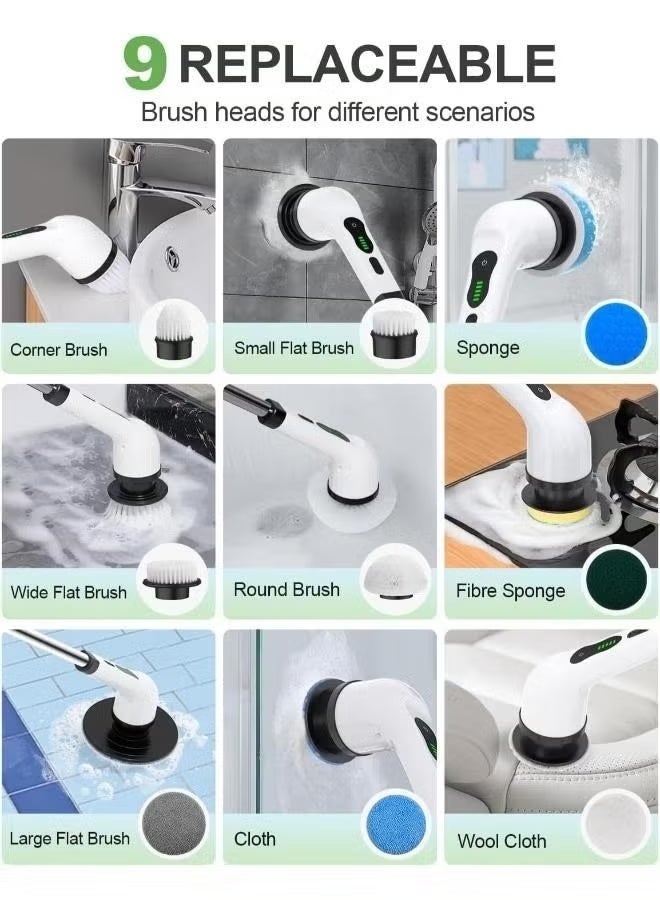 BLUMENIT Cordless Electric Spin Scrubber – 9 Replaceable Brush Heads, Dual Speed 360° Power Cleaning Brush with Adjustable Handle for Bathroom, Tub, Tile, Floor & Kitchen - Image 5